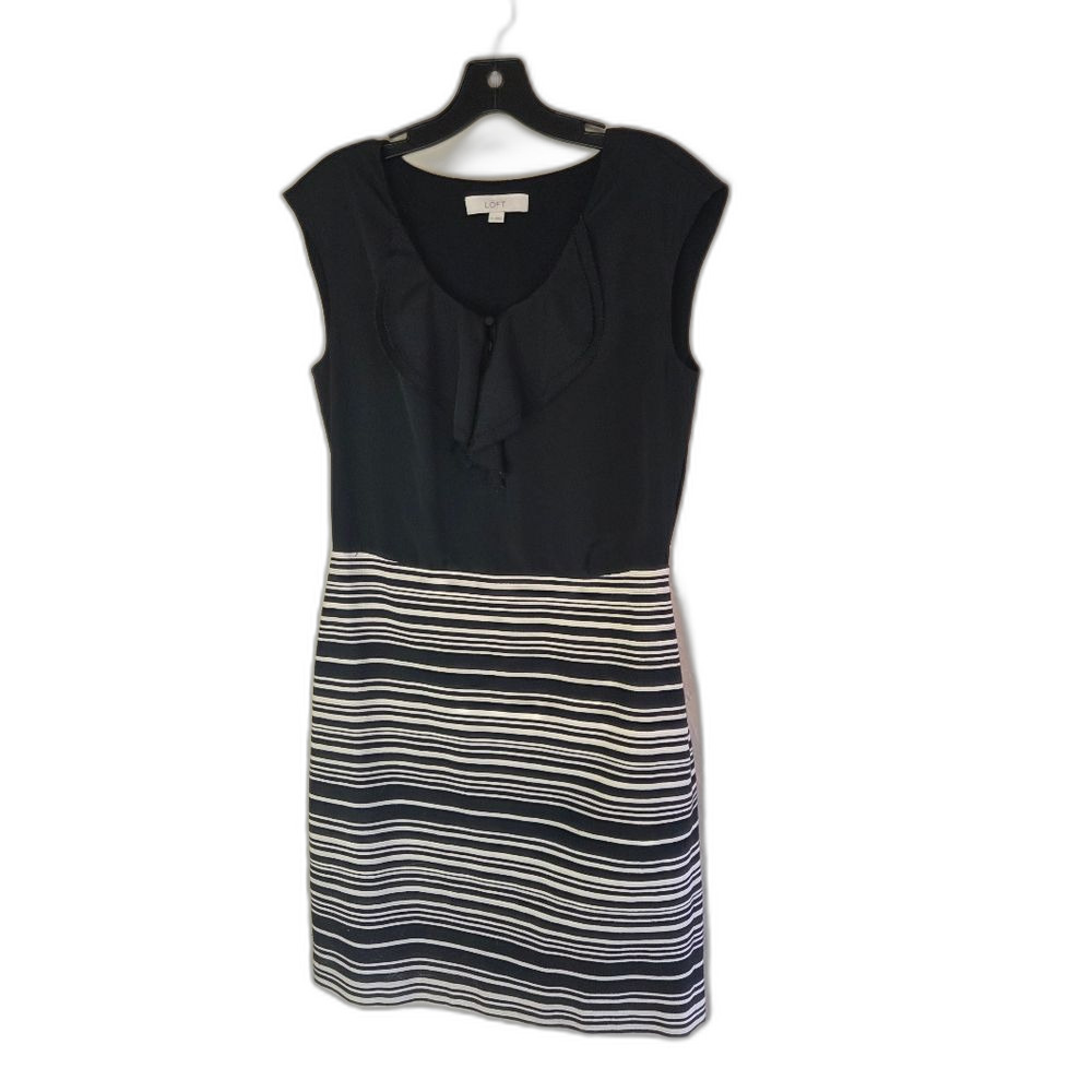 LOFT Black White Striped Ruffle Front Sleeveless Side Zip Dress Sz 6